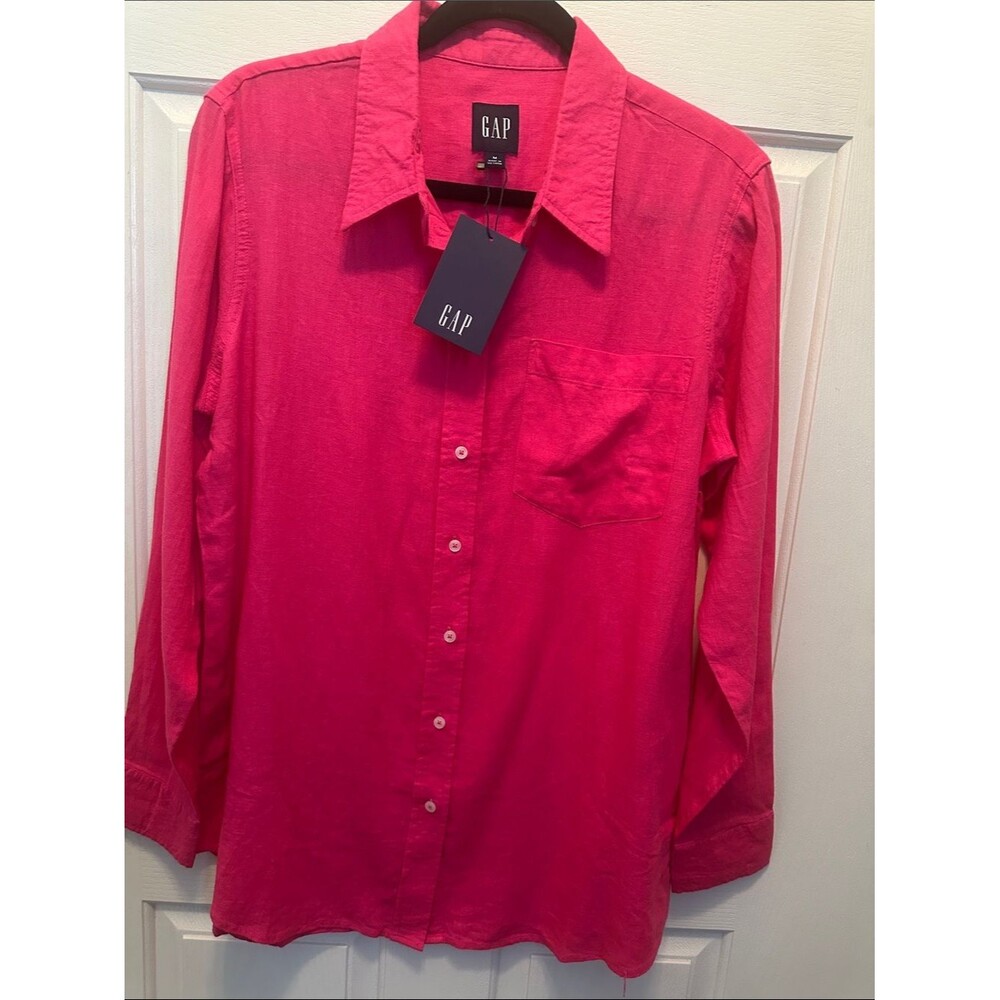 GAP Linen Blend Women's Bright Hot Pink Button-Down Shirt Size M NWT